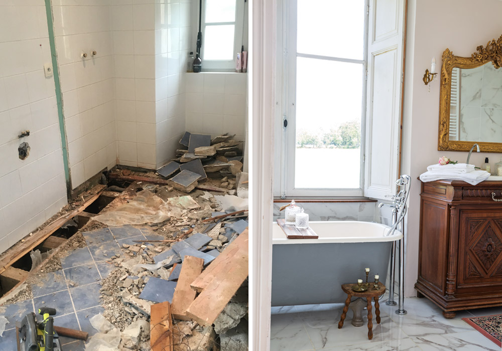 Left: The La Suite de Fontaines bathroom during renovations. Right: The bathroom now features an antique clawfoot tub and several beautiful windows