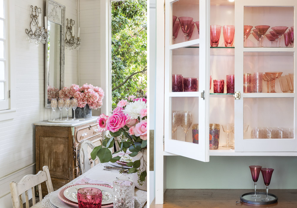 Leslie Saeta finds glasses, tableware, and entertaining pieces at vintage shops, flea markets, and a few online retailers. Her preferred style involves mixing patterns and collections to create a cozy setting.