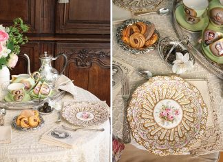 A small table is draped in antique French lace, set for an intimate tea for two. The silver tray holds priceless porcelain cups and saucers bearing feminine portraits.