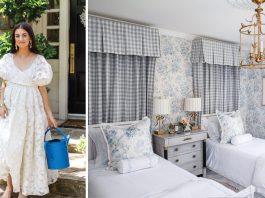 Nicola Bathie McLaughlin steps into her outdoor spaces wearing a flowy white dress. A children’s bedroom is decorated in a mix of blue-and-white patterns and French-inspired lighting.