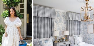 Nicola Bathie McLaughlin steps into her outdoor spaces wearing a flowy white dress. A children’s bedroom is decorated in a mix of blue-and-white patterns and French-inspired lighting.