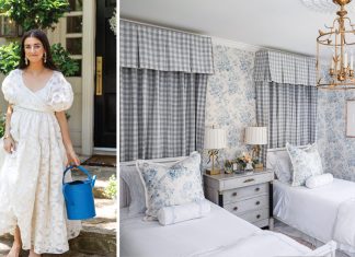 Nicola Bathie McLaughlin steps into her outdoor spaces wearing a flowy white dress. A children’s bedroom is decorated in a mix of blue-and-white patterns and French-inspired lighting.