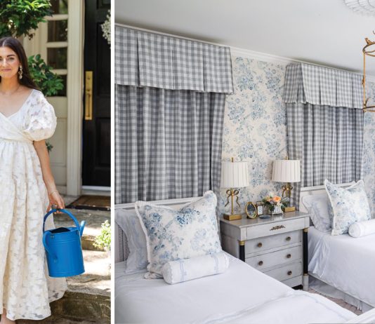 Nicola Bathie McLaughlin steps into her outdoor spaces wearing a flowy white dress. A children’s bedroom is decorated in a mix of blue-and-white patterns and French-inspired lighting.