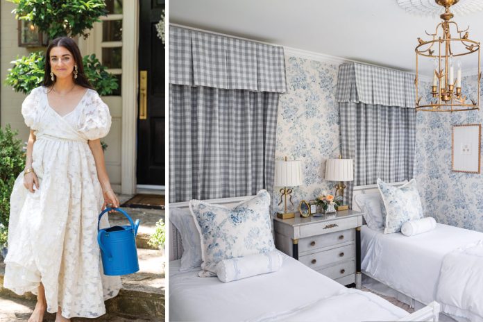 Nicola Bathie McLaughlin steps into her outdoor spaces wearing a flowy white dress. A children’s bedroom is decorated in a mix of blue-and-white patterns and French-inspired lighting.