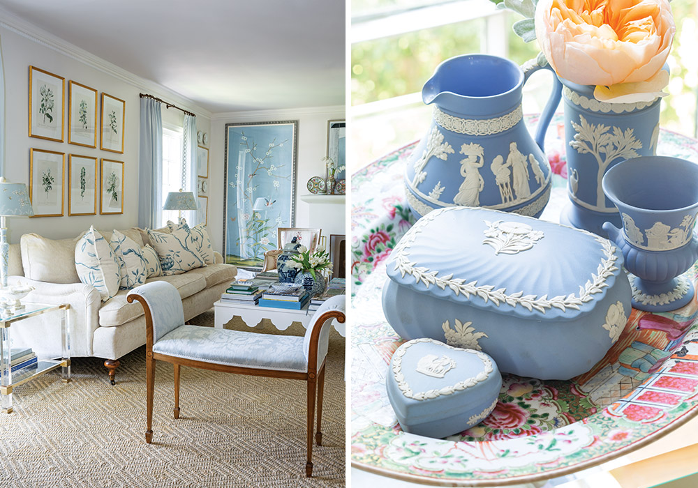 Nicola Bathie McLaughlin’s living room is a beautiful collection of treasures in soft blue and creamy white tones. Framed chinoiserie panels and a collection of cream on lavender Wedgwood Queensware are a few of her favorite touches.