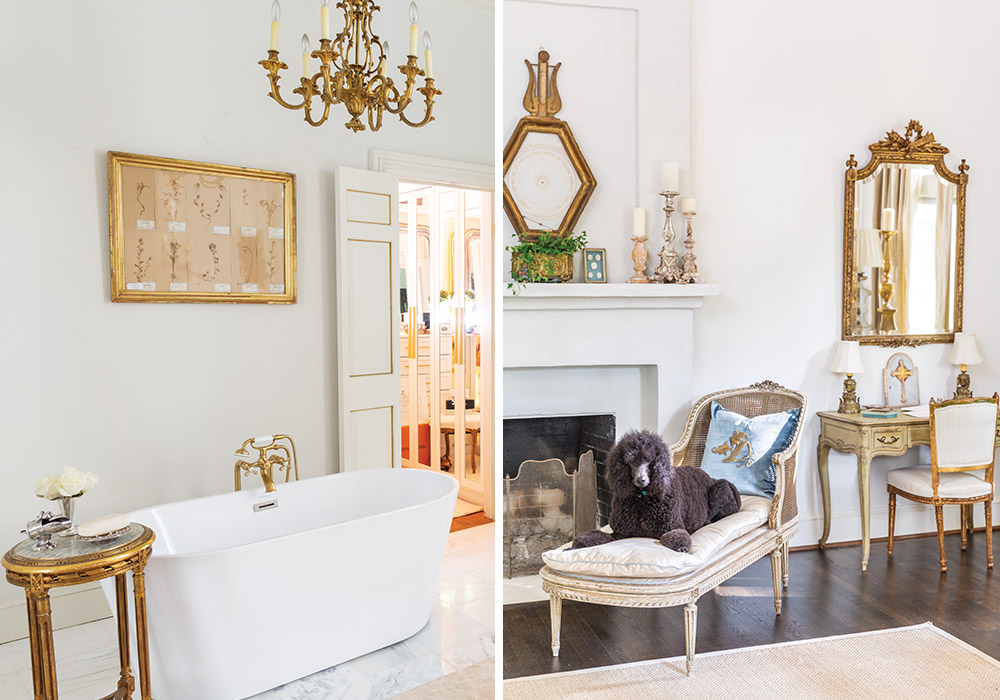 Left: The primary bathroom offers a lovely retreat. Right: The family’s Standard Poodle, Princess Mia, finds herself right at home among the finery.