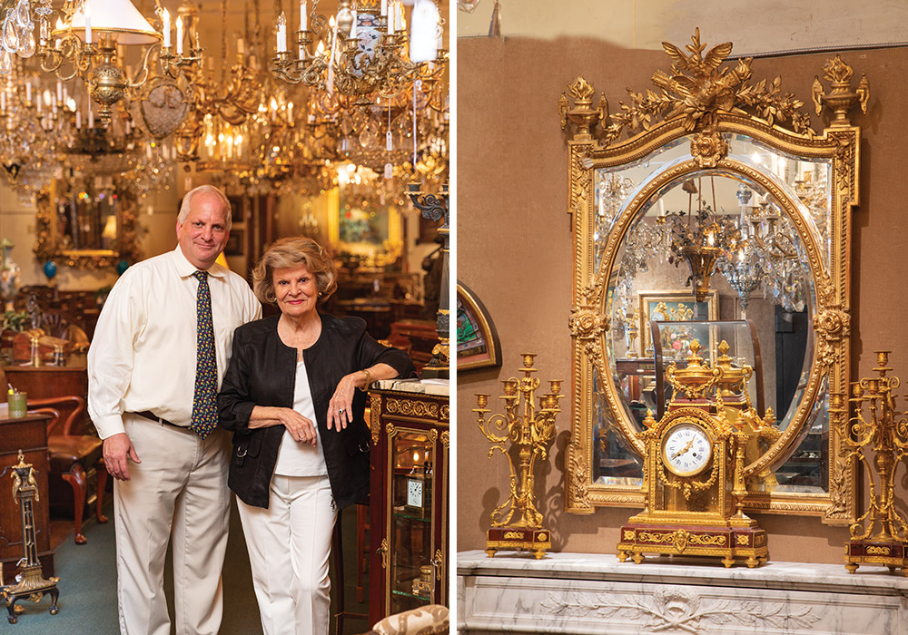 Left: Andrée Moss and her son Peter, along with son Keil, proudly carry on the family business. Right: A gilt mirror and ornate clock sit atop a marble mantel