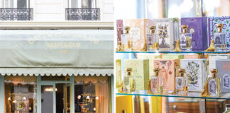 Left: The shop exterior boasts monochrome style. Right: Inside, the shelves are lined with colorful, vintage-inspired packaging and elegant perfume bottles.