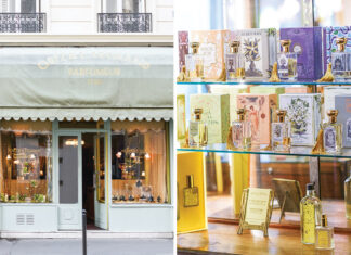 Left: The shop exterior boasts monochrome style. Right: Inside, the shelves are lined with colorful, vintage-inspired packaging and elegant perfume bottles.