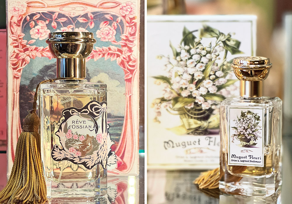 Left and right: Two bottles of perfume are displayed, each with their vintage-inspired packaging, as the aromas are inspired by classic ones from the brand’s history.