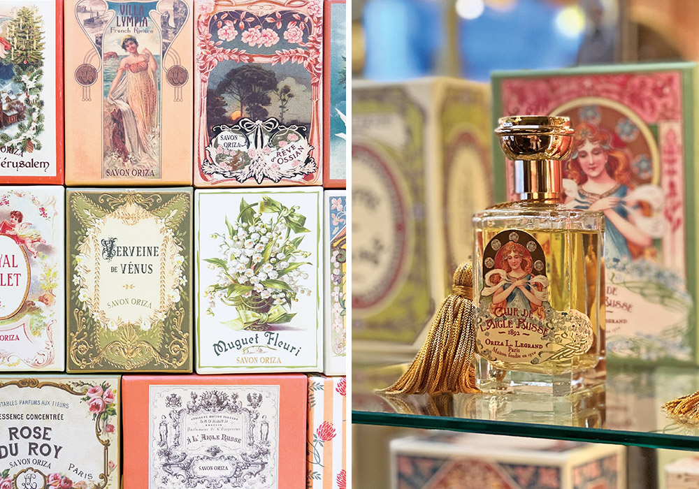 Left: An array of perfume boxes allows for a closer look at the unique, vintage-style packaging. Right: A bottle is displayed in front of the box it will be hidden inside.