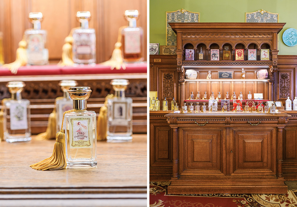 Left: A close-up view of some perfume bottles reveal a golden tassel around the neck. Right: The intricate wooden shelving houses myriad scents.