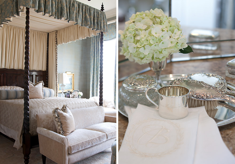 Shades of soft blue and cream wash over this tranquil bedroom, where French details abound.
