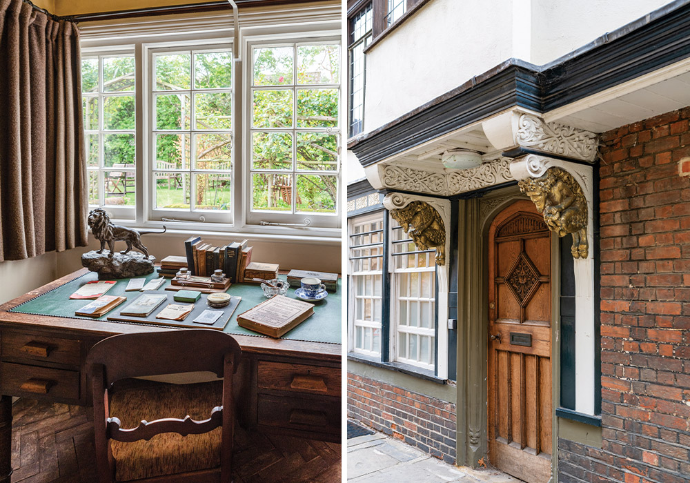 Left: The desk at The Kilns is set as it would have been in Lewis’ day, with literature, tea, and a pipe. Right: This unique door in Oxford is said to have inspired characters in Lewis’s The Lion, the Witch, and the Wardrobe.