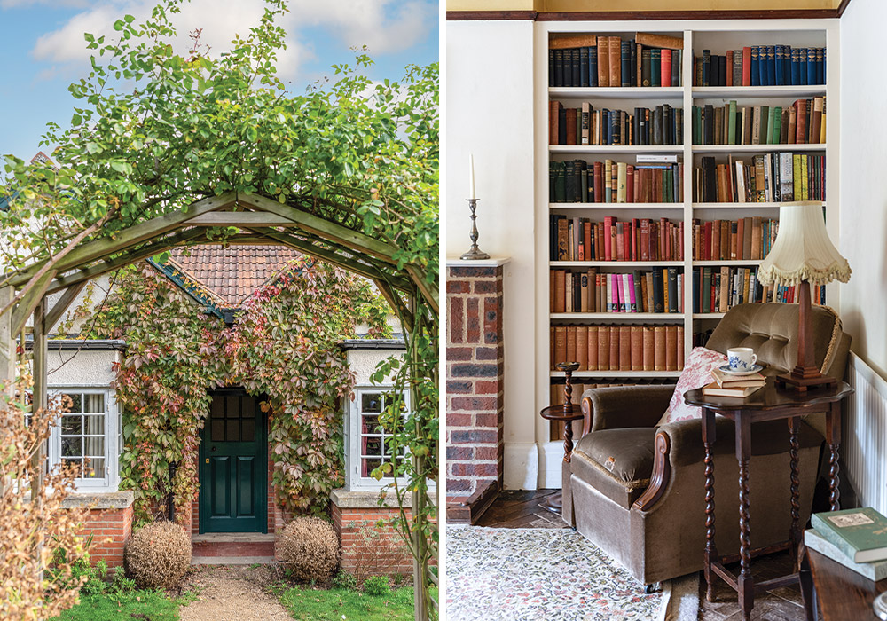 Left: The Kilns has a certain rural charm to its exterior. Right: Inside, books line the wall and cozy armchairs await one with a warm cup of tea, dressed to resemble how the home must have looked in Lewis’s day.