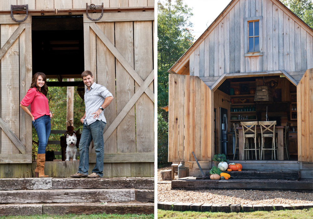 Left: Woman and man with a small white dog stand outside a wooden barn. Right: Open doors reveal a high-top table and kitchen vignette inside a wooden barn.