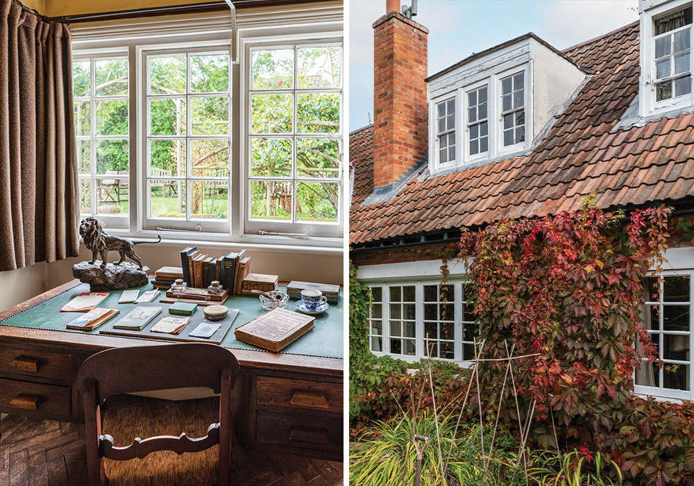 Right: C. S. Lewis’ home, The Kilns, is picturesque in autumn. Its red brick is adorned in scarlet ivy. Left: This writing desk inside the home is set up just as it might have been in Lewis’ day.