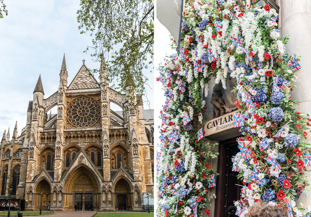 Left: Westminster Abbey is the traditional site of coronations in London, where King Charles III was crowned in May. Right: Flowers and flags in the nation’s colors of red, blue, and white add festive color to the streets in honor of the occasion.
