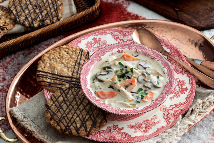 Chicken and Wild Rice Soup with Oatmeal Toffee Lace Cookies.