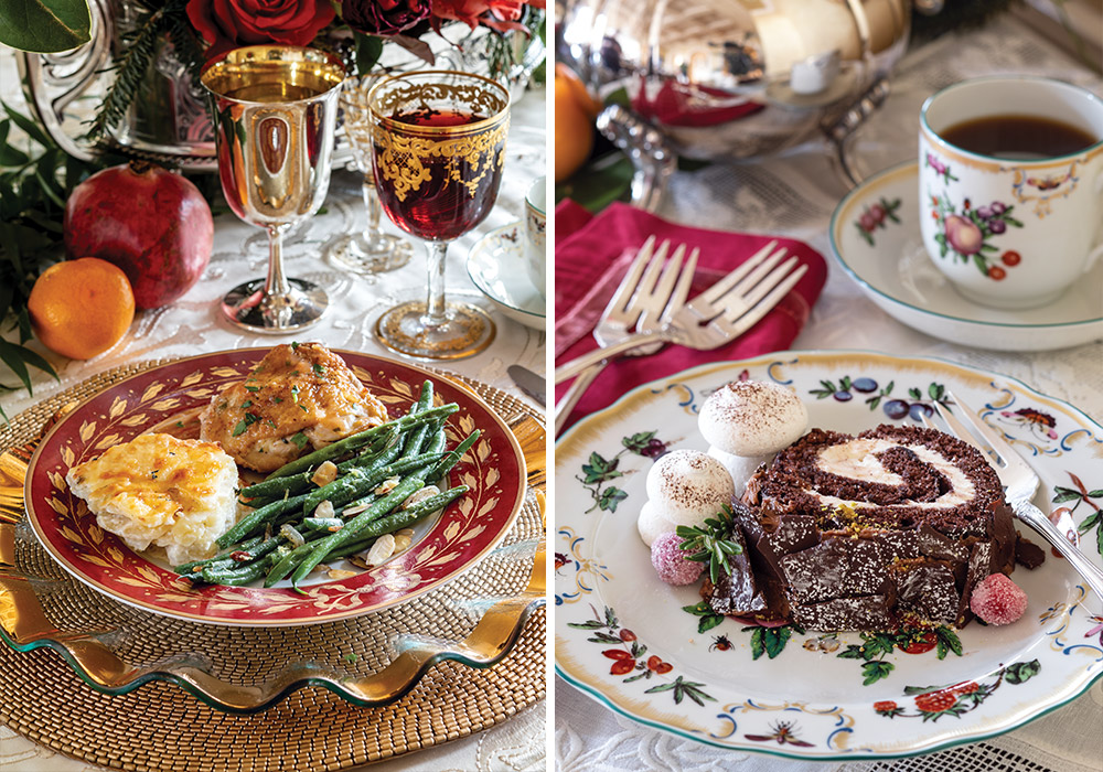 Left: The main course of this Christmas meal features a French chicken recipe sure to delight. Right: Dessert culminates the day in chocolate splendor.