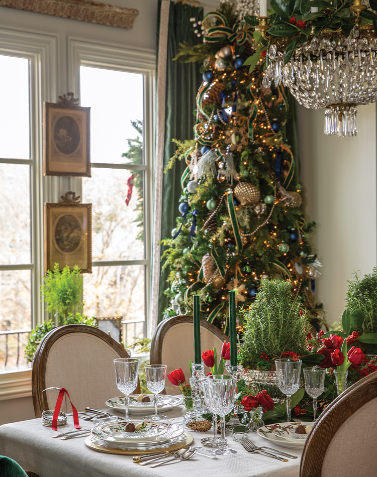 This dining room is decked in splendor, but the crystal set upon the table is the prize of the day.