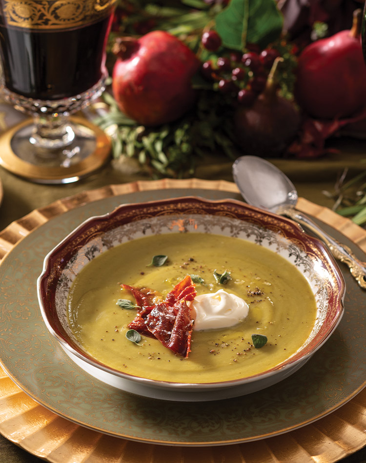 A cozy addition to the menu is Herbed Pea Soup, a tasty vegetable blend seasoned with oregano, drizzled with olive oil, and topped with a dollop of crème fraîche and ruffles of crisped prosciutto. Although our Renaissance dinner progresses with other courses, the pairing of Herbed Pea Soup with Peasant Bread is a satisfying combination to keep in mind for a delightful autumn lunch.