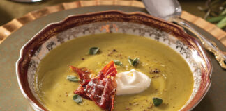 A cozy addition to the menu is Herbed Pea Soup, a tasty vegetable blend seasoned with oregano, drizzled with olive oil, and topped with a dollop of crème fraîche and ruffles of crisped prosciutto.