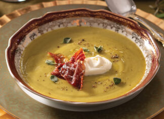 A cozy addition to the menu is Herbed Pea Soup, a tasty vegetable blend seasoned with oregano, drizzled with olive oil, and topped with a dollop of crème fraîche and ruffles of crisped prosciutto.