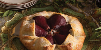 The repast culminates with Pear Crostata, a delectable pastry showcasing poached pears and frangipane filling in a homemade crust.