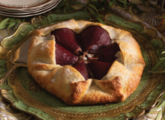 The repast culminates with Pear Crostata, a delectable pastry showcasing poached pears and frangipane filling in a homemade crust.