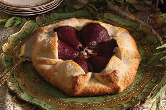 The repast culminates with Pear Crostata, a delectable pastry showcasing poached pears and frangipane filling in a homemade crust.
