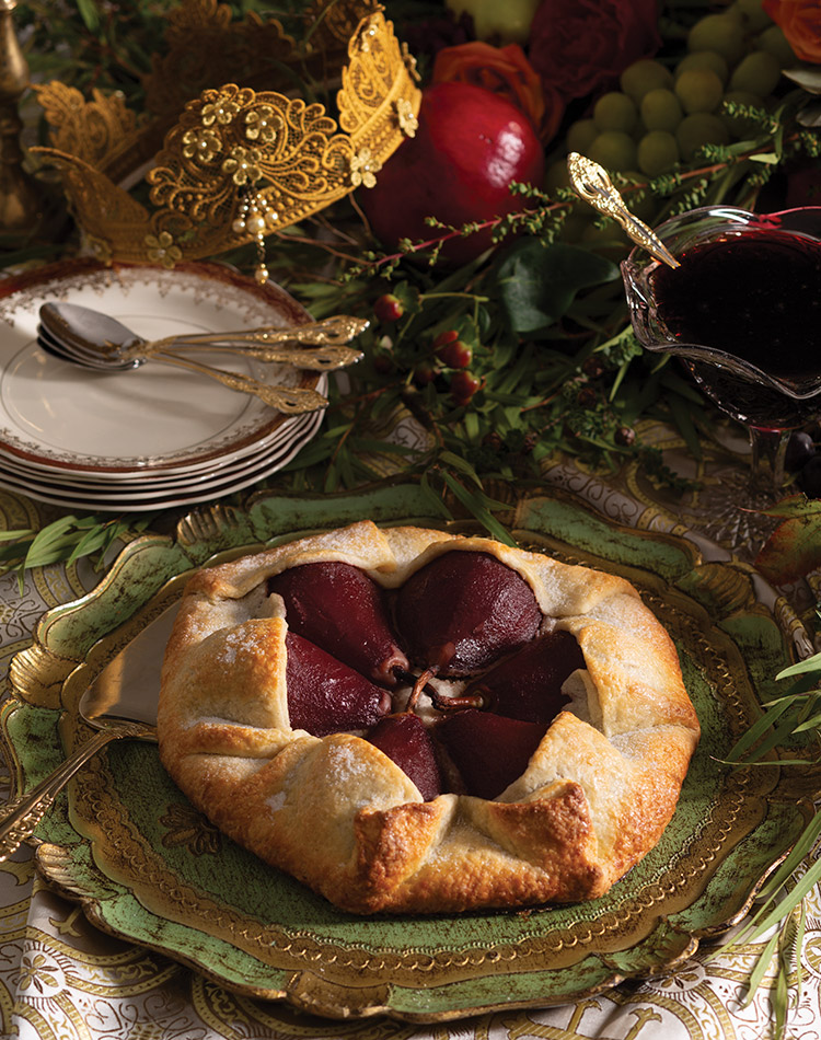 The repast culminates with Pear Crostata, a delectable pastry showcasing poached pears and frangipane filling in a homemade crust.