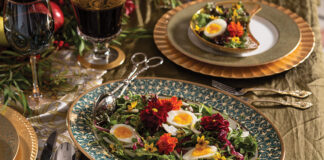 Our L’Insalata de Catoriana is a misticanza, a mixed salad of lettuces, fennel fronds, and edible blooms tossed with a lemon-Dijon vinaigrette.