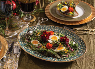 Our L’Insalata de Catoriana is a misticanza, a mixed salad of lettuces, fennel fronds, and edible blooms tossed with a lemon-Dijon vinaigrette.