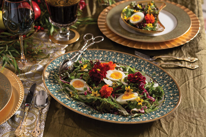 Our L’Insalata de Catoriana is a misticanza, a mixed salad of lettuces, fennel fronds, and edible blooms tossed with a lemon-Dijon vinaigrette.