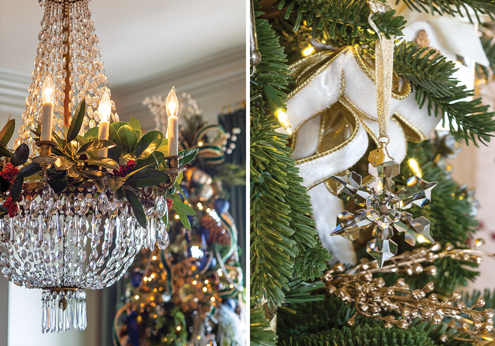 Instead of crystal elements upon the table, an antique chandelier hung from above is draped with magnolia and festive red berries. An annual Swarovski crystal snowflake ornament joins other special baubles from years past. 