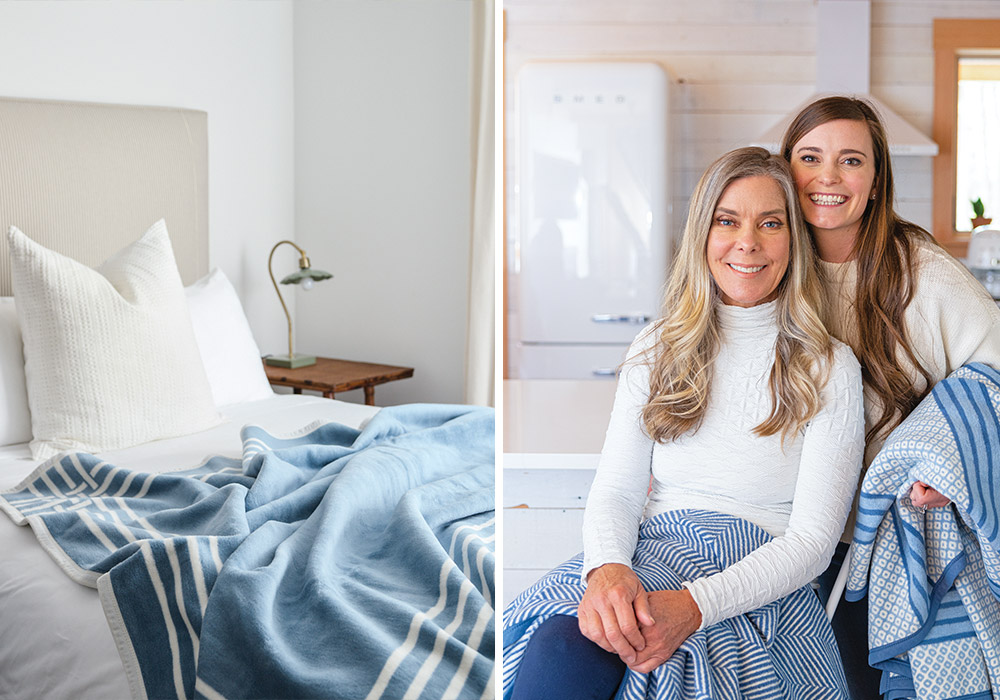 Left: A cozy bed is draped in the sumptuous folds of a blue ChappyWrap blanket. Right: Beth LaSala and Christina Livada pose for a portrait.