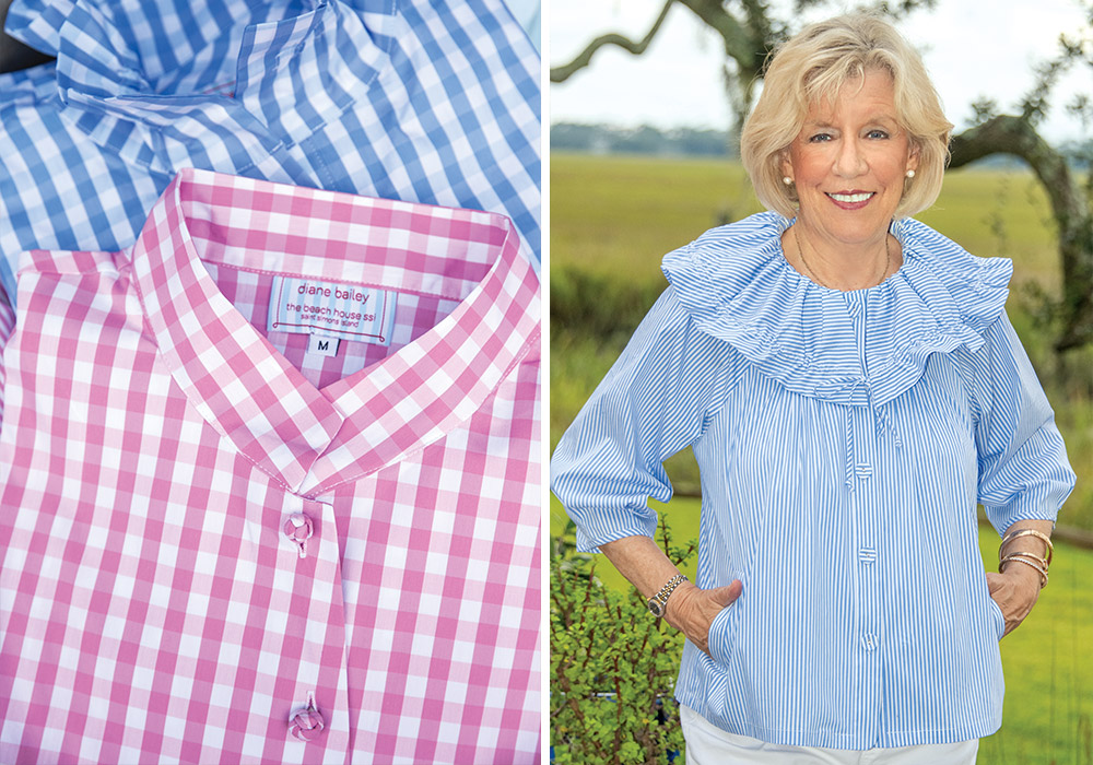 Left: A close-up image shows button details on Diane Bailey Designs blouses. Right: Diane Bailey poses for a portrait, wearing one of her own designs.