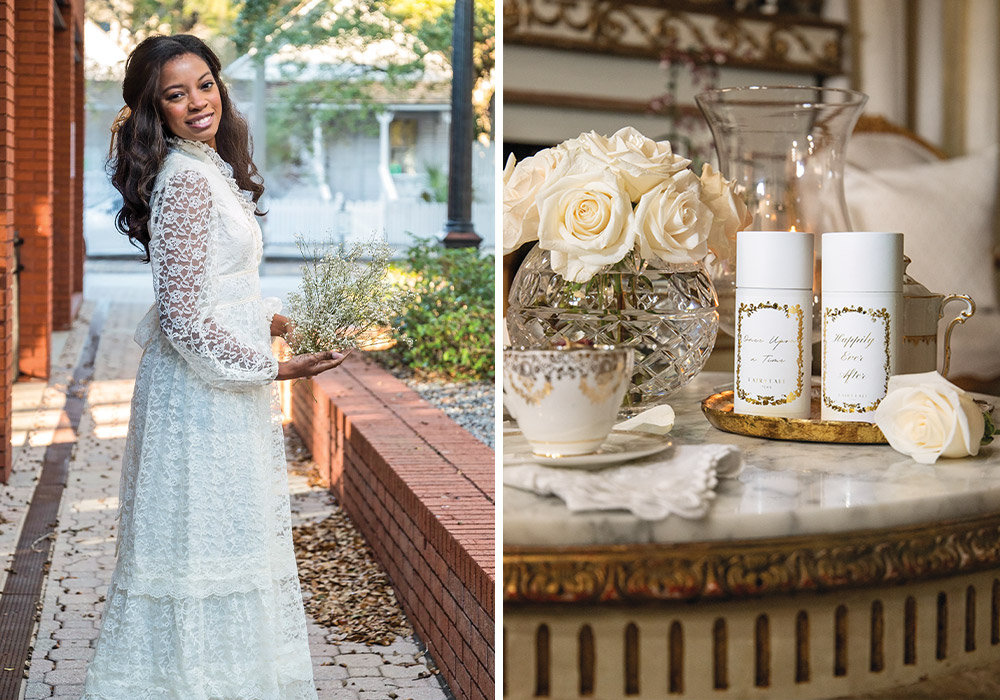 Left: Maria Valenzuela poses for a portrait. Right: A pairing of the brand’s tea canisters is displayed amid ivory roses and a porcelain teacup.