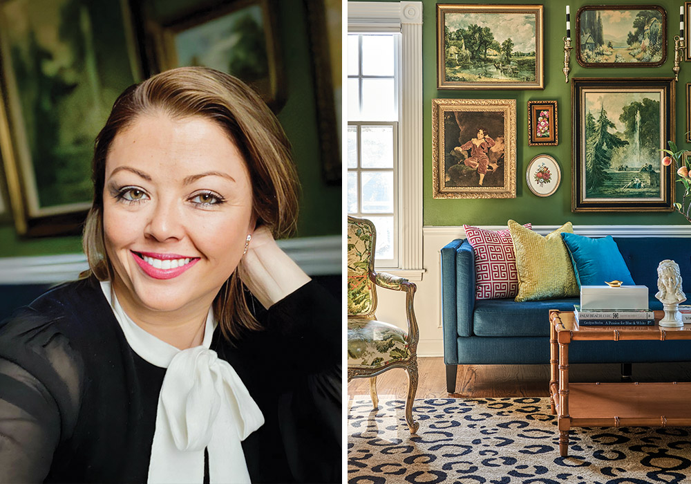 Left: Lindsay Lewis poses for a portrait. Right: A sitting area designed by the entrepreneur boasts grandmillennial style.