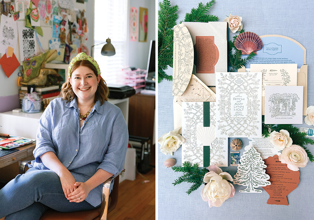 Left: Shana Wanco poses for a portrait. Right: An overhead shot of one of the brand’s custom wedding invitation sets boasts natural charm.