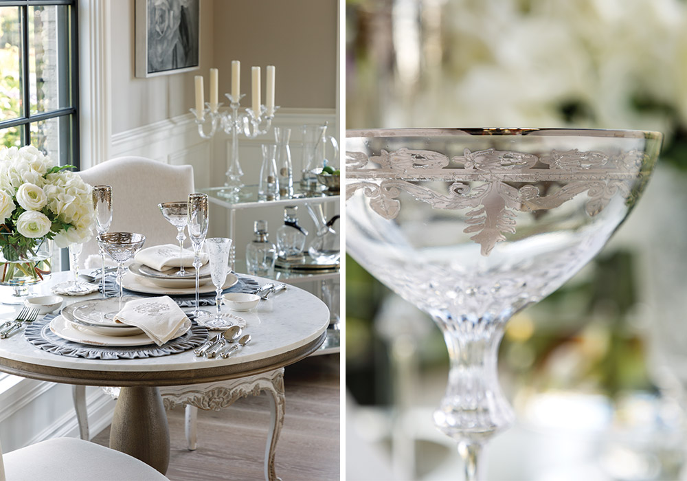 Left: Round table set with Giulietta plates, Vetro Plaitnum glassware, and Fiori Basket napkins atop Velvet round placemats. Right: Close up of Vetro Platinum glass.