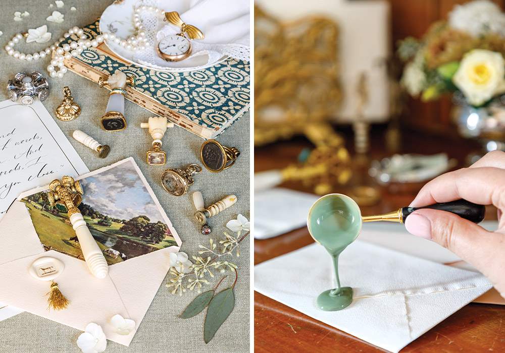 Left: An assortment of seals from Kathryn Hastings & Co. are sprinkled across a writing surface. Right: Kay Collier, the artist behind the brand, pours sage green wax onto an envelope.