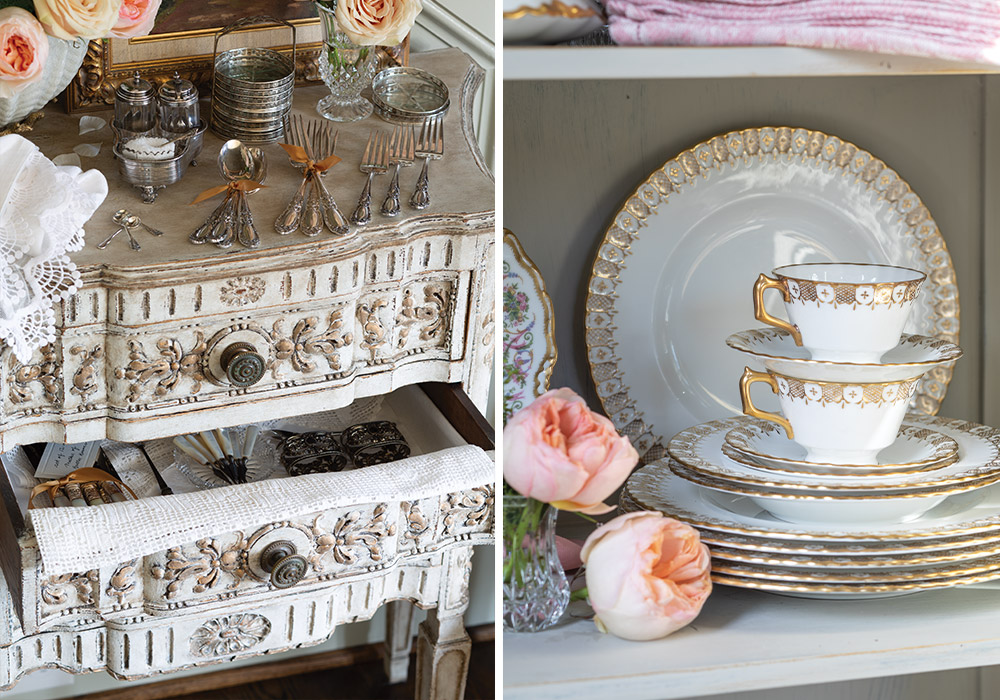 Left: Tucked into a drawer, a collection of silver serving pieces, crystal coasters, and more find safe harbor in between entertaining occasions. Right: The golden-rimmed alabaster porcelain is carefully placed in stacks behind the cupboard door.