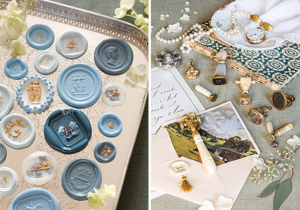 Left: A collection of intricate blue-and-white wax seals, some with gilded motifs, are displayed. Right: Various antique tools for making wax seals are arranged atop a desk, sprinkled amid fine stationery.