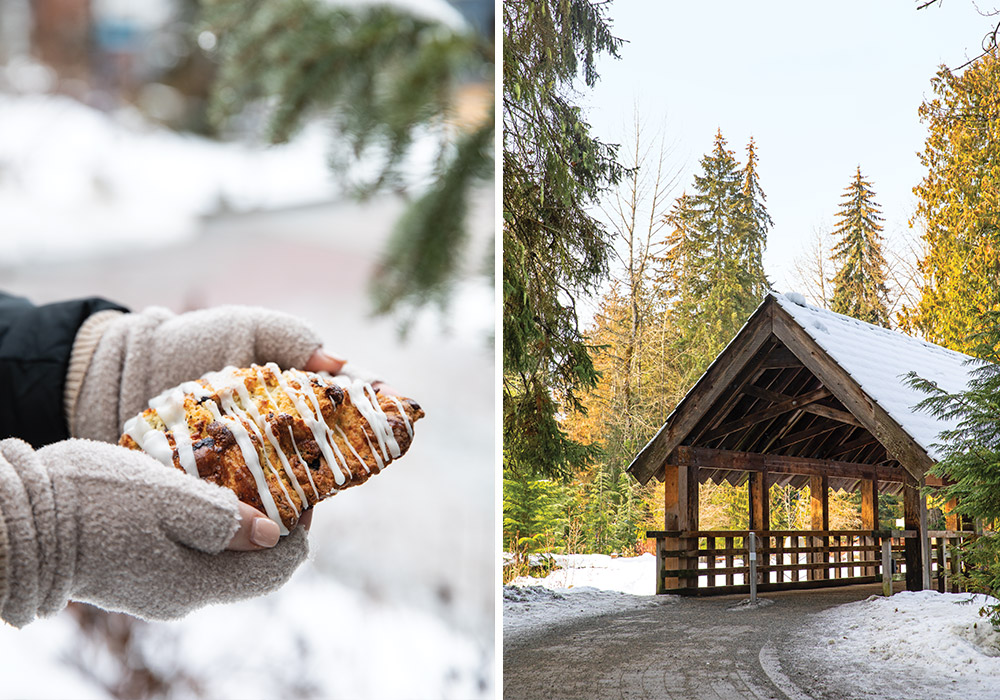 Left: Enjoy a cozy breakfast of fine pastries while visiting Whistler. Right: This covered bridge is surrounded by towering evergreens kissed in frost.