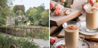 Left: A vision of green pastures and winding roads is spotted in the Cotswolds, England. Right: Our recipe for Earl Grey Rose Lattes is served in tall glass mugs.