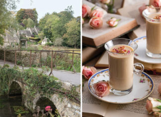 Left: A vision of green pastures and winding roads is spotted in the Cotswolds, England. Right: Our recipe for Earl Grey Rose Lattes is served in tall glass mugs.