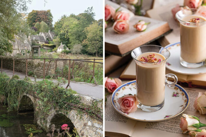 Left: A vision of green pastures and winding roads is spotted in the Cotswolds, England. Right: Our recipe for Earl Grey Rose Lattes is served in tall glass mugs.