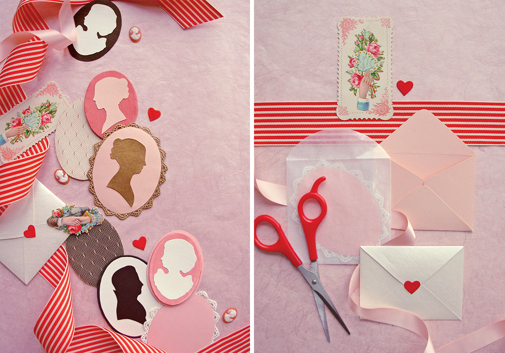 Left: Handmade cameos crafted from colored cardstock, lace, and ribbons are ready to send to recipients on Valentine’s Day. Right: Small white envelopes sealed with a red heart-shaped sticker contain handmade Valentine’s Day cameos
